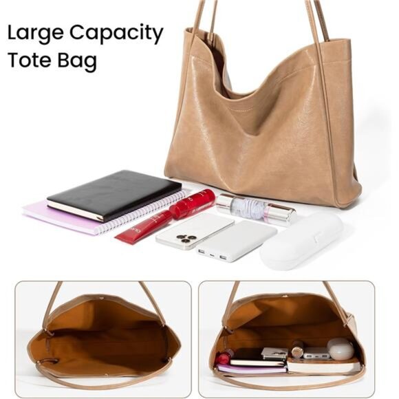 Tote Bag Beige for Women 2 Pcs Large Casual PU Weekender Bag Soft Vegan Leather - Picture 2 of 6